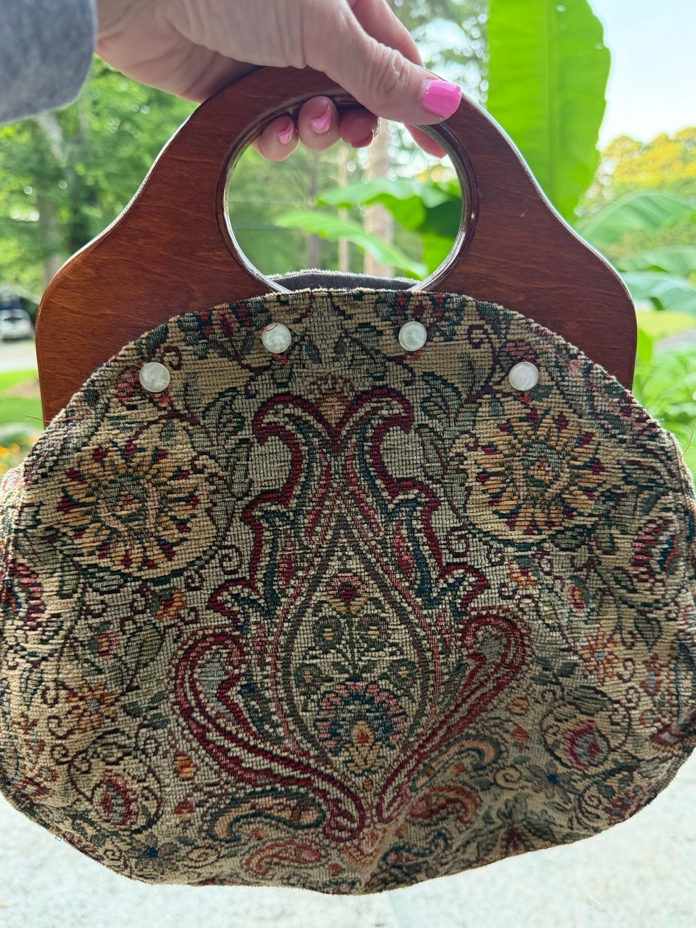 Vintage Handmade Wooden Handle Tapestry Purse Boho Bag